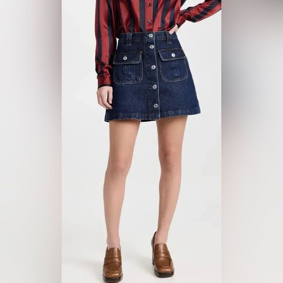 NWT Re/Done 70s Button Front Heritage Rinse Denim‎ A-Line Mini Skirt Size Large - Picture 1 of 8